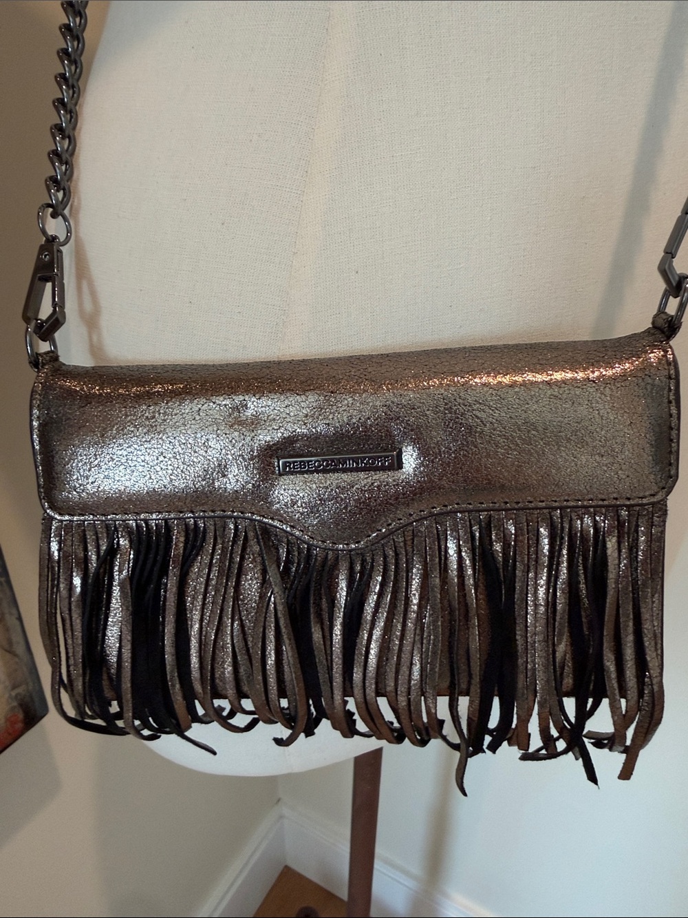 Rebecca Minkoff Metallic Bronze Fringe Crossbody Bag, Phone Case on a Chain